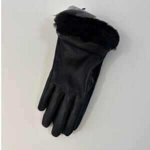 UGG Classic Black Leather Shorty Tech Gloves Genuine Shearling Cuff Size L NWT